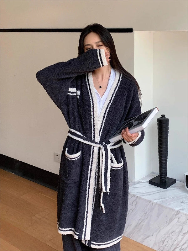 Peignoir_bain_lot_de_2-Robe_et_Pantalon_Mi-Mollet_en_Non-Tisse_épais_coton-Polyester_rayure_élégante-manche_longue-pantalon-doux-confortable-moelleux-épais-absorbant-printemps-automne-hiver-bleu-blanc