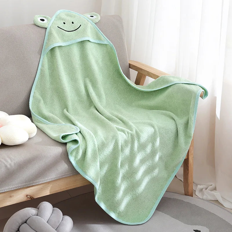 Peignoir bébé de bain — Format carre polyester-coton-capuche animale-éponge-doux-confortable-épais-moelleux-absorbant-printemps-hiver-automne-vert