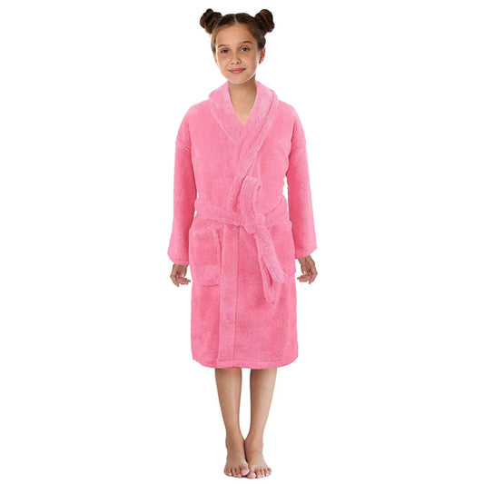 Peignoir_blanc_de_bain_enfant_10_ans_pas_cher-flanelle-polyester-col châle-manche longue-mi-mollet-épais-doux-confortable-moelleux-absorbant-printemps-automne-hiver-rose