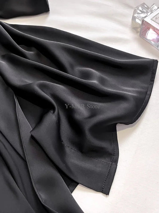 Peignoir_blanc_de_bain_femme-Satin fausse soie-coupe mi-mollet-manche trois quarts-col V-doux-confortable-moelleux-absorbant-été-printemps-noir