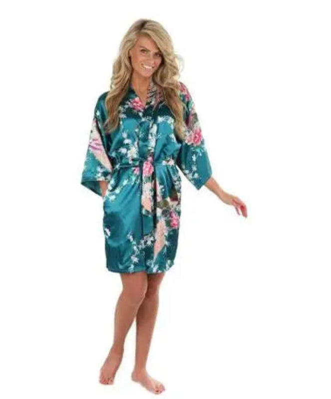 Peignoir_court_femme_de_bain_fantaisie_écossais-Polyester_ultra-léger-imprimé_animal-col_V-doux-confortable-moelleux-absorbant-manche_trois_quarts-été-printemps-mi_cuisse-bleu turquois