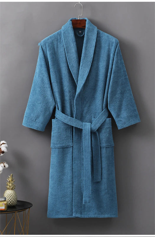Peignoir_de_bain_100_coton-pur_coton-manche_trois_quarts-mi-mollet-col_V-doux-confortable-moelleux-épais-absorbant-printemps-hiver-automne-bleu