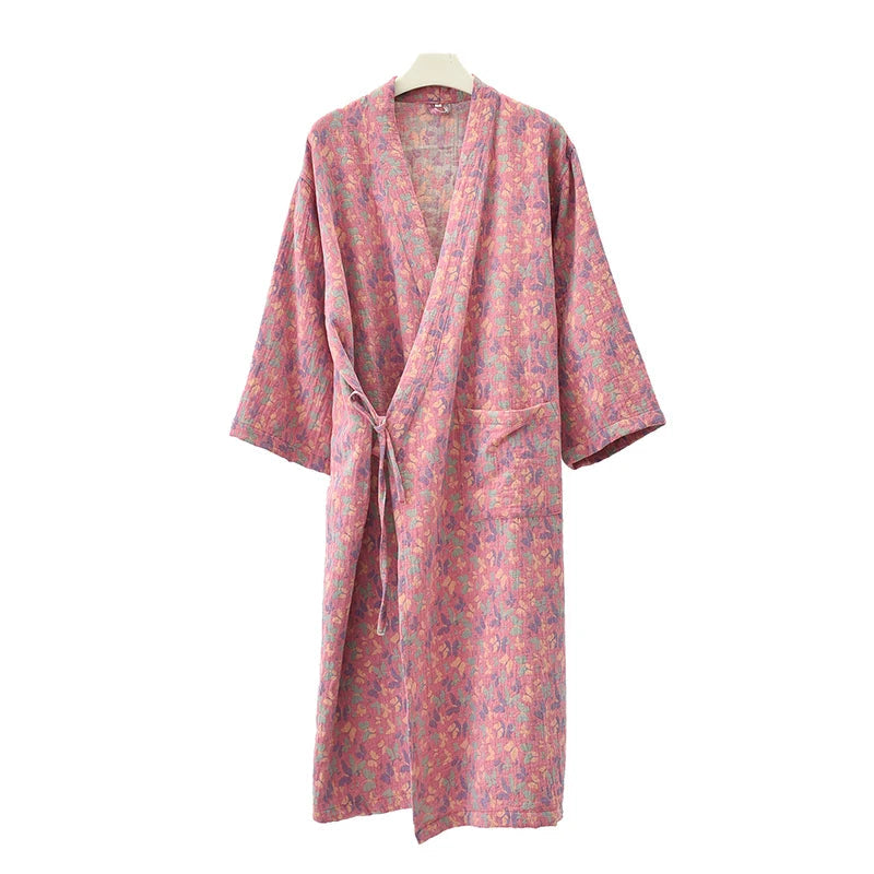 Peignoir_de_bain_100_coton_femme-Coton-teint en Fil 100 %- séchage express et lavage main-kimono éclat floral-doux-confortable-moelleux-printemps-hiver-automne-rose