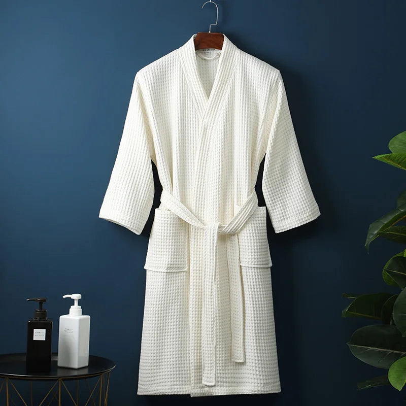 Peignoir_de_bain_100_coton_femme_adulte-coton pur-manche longue-épais-mi-mollet-col châle-doux-confortable-absorbant-moelleux-printemps-hiver-automne-blanc