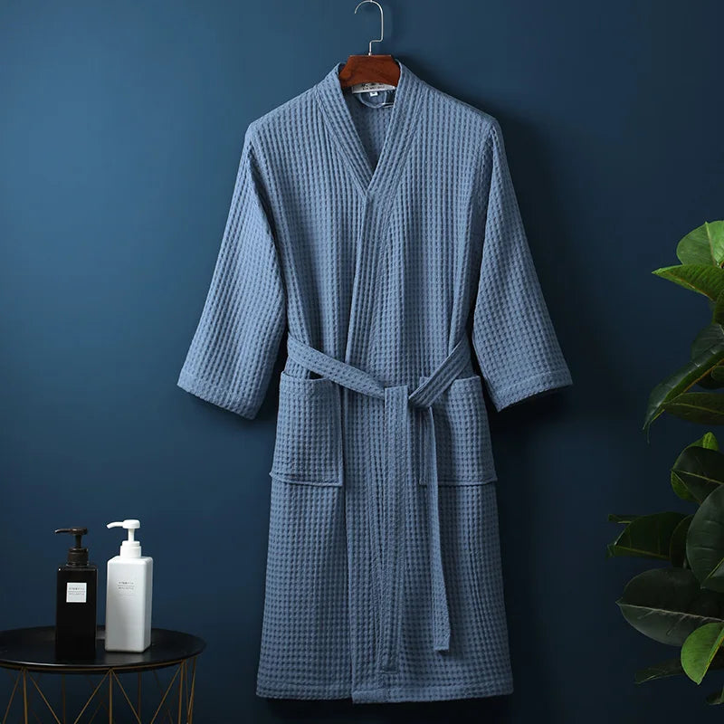 Peignoir_de_bain_100_coton_femme_adulte-coton_pur-manche_longue-épais-mi-mollet-col_châle-doux-confortable-absorbant-moelleux-printemps-hiver-automne-bleu