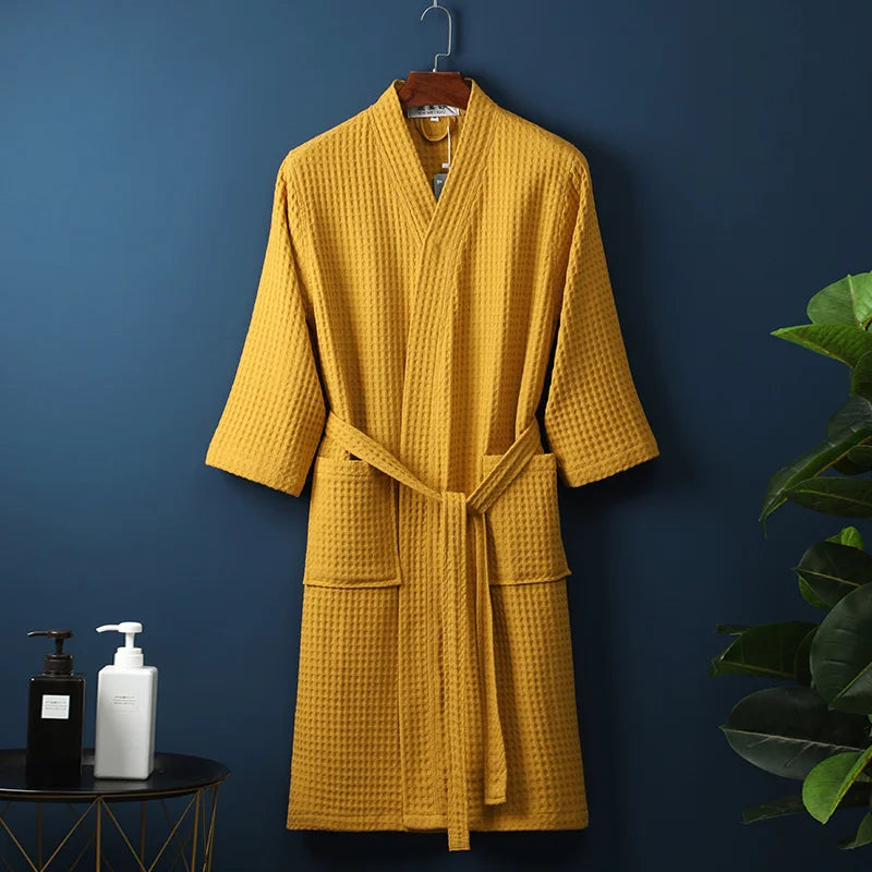 Peignoir_de_bain_100_coton_femme_adulte-coton pur-manche longue-epais-mi-mollet-col chale-doux-confortable-absorbant-moelleux-printemps-hiver-automne-jaune