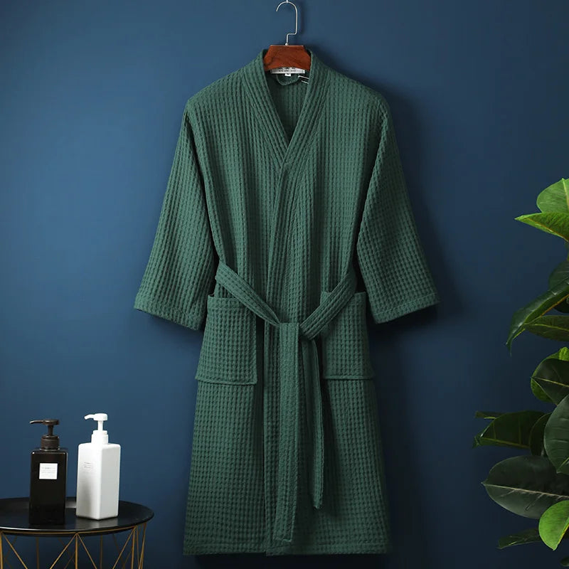 Peignoir_de_bain_100_coton_femme_adulte-coton_pur-manche_longue-épais-mi-mollet-col_châle-doux-confortable-absorbant-moelleux-printemps-hiver-automne-vert