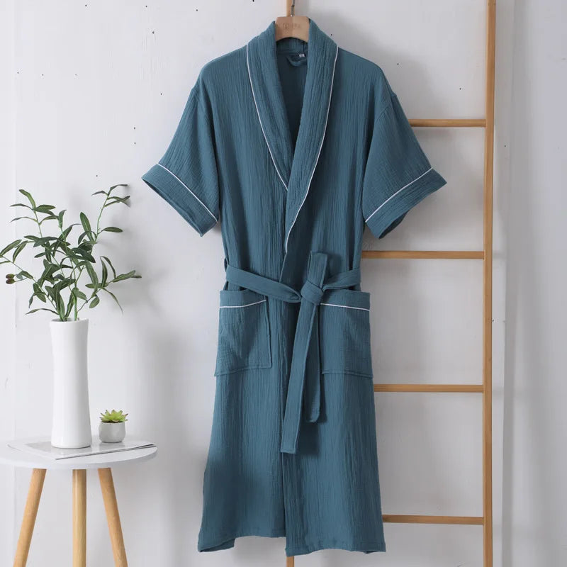 Peignoir_de_bain_100_coton_homme_et_femme-coton-rayures distinguées-manches courtes-épaisseur normal-mi-mollet-absorbant-doux-confortable-moelleux-printemps-automne-hiver-bleu