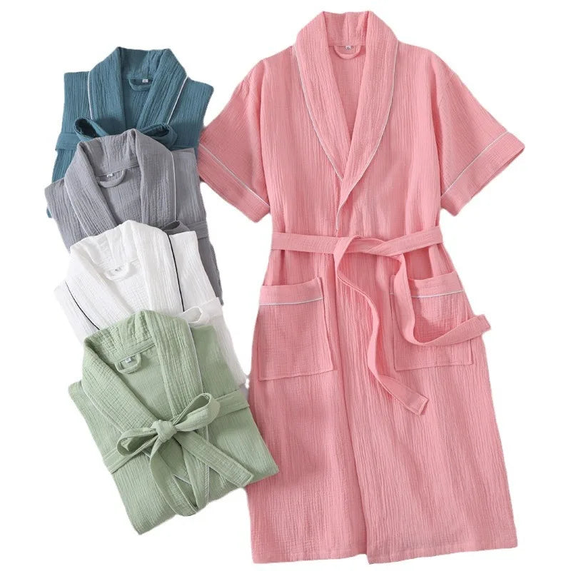 Peignoir_de_bain_100_coton_homme_et_femme-coton-rayures distinguées-manches courtes-epaisseur normal-mi-mollet-absorbant-doux-confortable-moelleux-printemps-automne-hiver-vert-bleu-blanc-rose