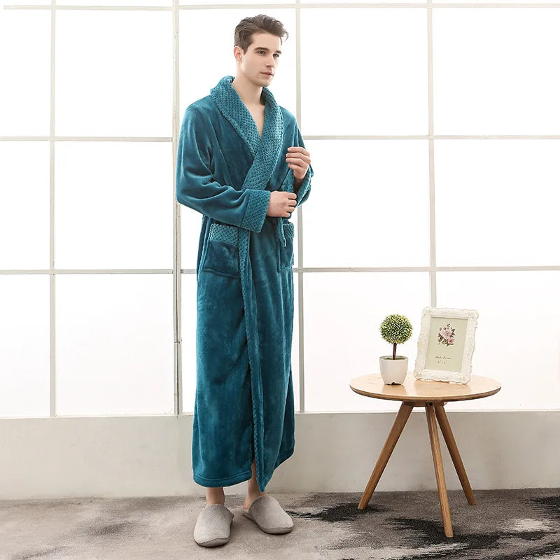 Peignoir_de_bain_100_polyester-manche_longue-épais-longueur_cheville-col_châle-absorbant-doux-moelleux-confortable-hiver-printemps-automne-bleu turquoise