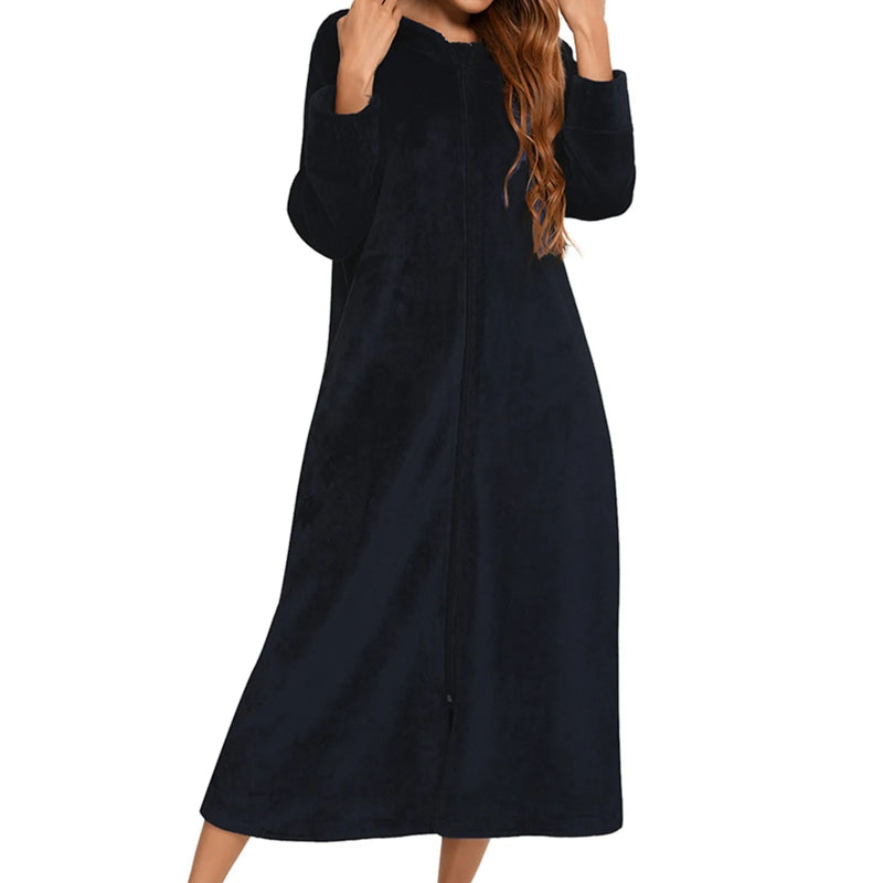 Peignoir_de_bain_à_fermeture_éclair-tricot-flanelle-polyester-épais-manche_longue-capuche-mi-mollet-poche_latérale-absorbant-moelleux-confortable-doux-printemps-automne-hiver-noir