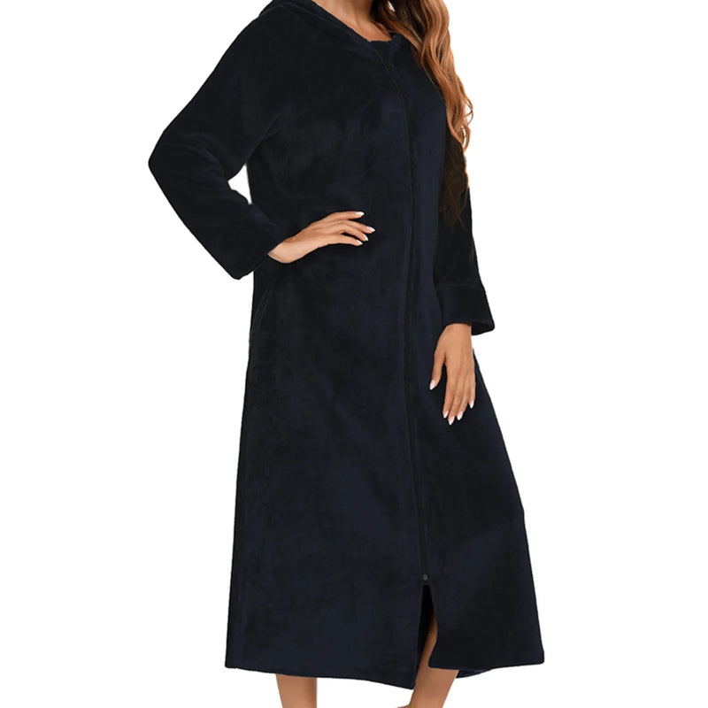 Peignoir_de_bain_à_fermeture_éclair-tricot-flanelle-polyester-épais-manche longue-capuche-mi-mollet-poche latérale-absorbant-moelleux-confortable-doux-printemps-hiver-automne-noir
