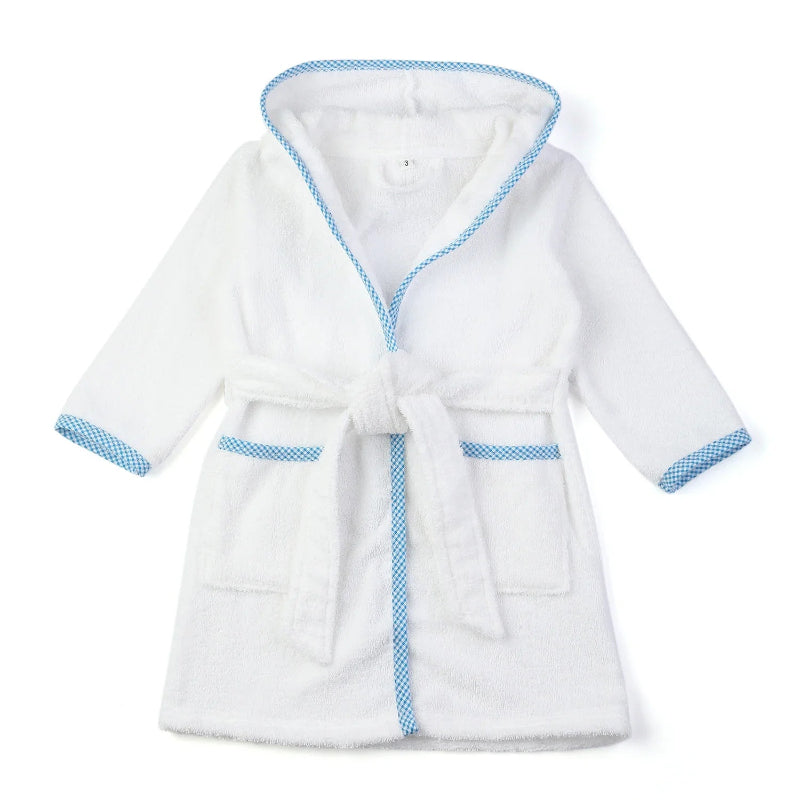 Peignoir de bain blanc 3 ans-coton-capuche-manche-longue-mi-genoux-éponge-absorbant-moelleux-confortable-doux-printemps-été-hiver-automne-bleu-blanc