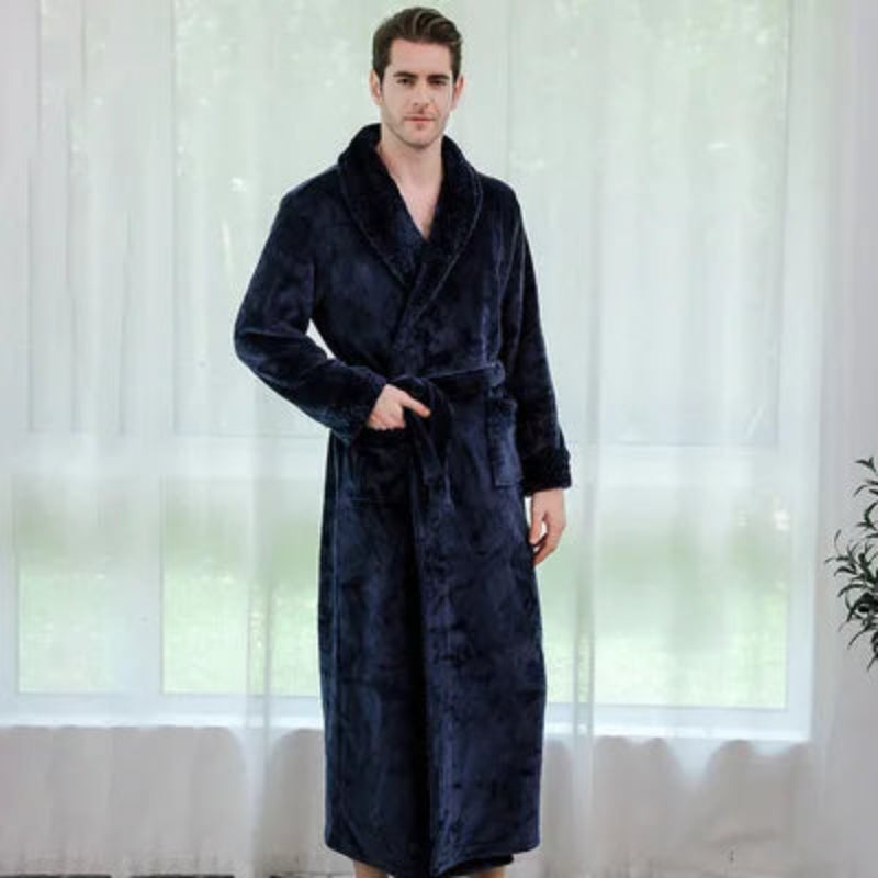 Peignoir_de_bain_brodé-flanelle-polyester-col-châle-rabattu-personnalisable-manche-longue-épais-mi-mollet-doux-absorbant-confortable-hiver-moelleux-printemps-automne-bleu-marine