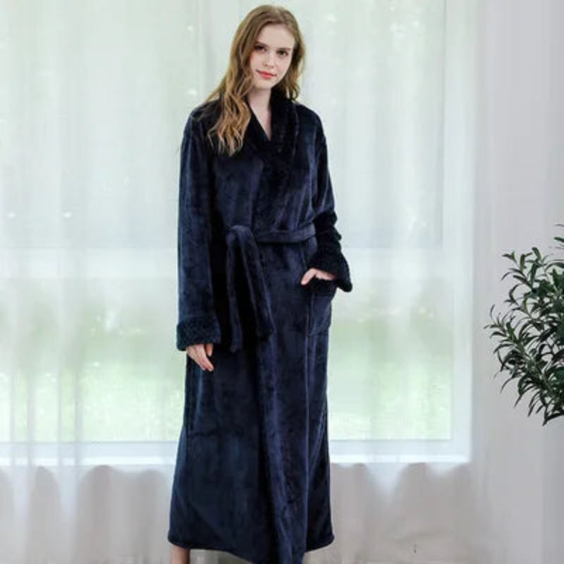 Peignoir_de_bain_brodé-flanelle-polyester-col-châle-rabattu-personnalisable-manche-longue-épais-mi-mollet-doux-absorbant-confortable-moelleux-printemps-hiver-automne-bleu-marine