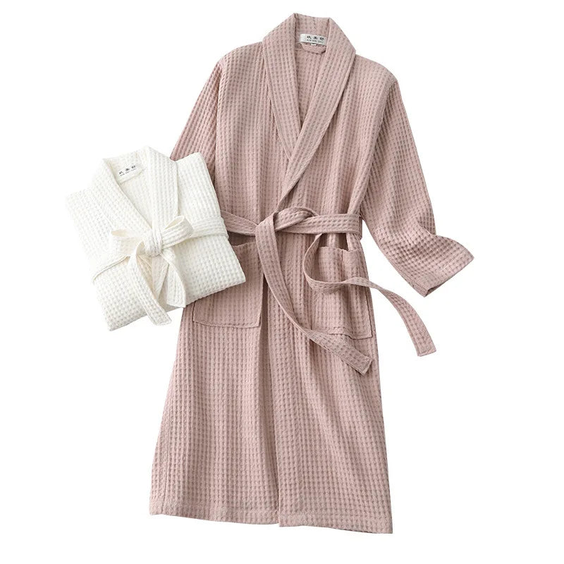 Peignoir de bain carré blanc-coton-tricoté-polyester-manche-longue-épais-mi-mollet-col-châle-doux-confortable-moelleux-printemps-automne-hiver-beige-blanc
