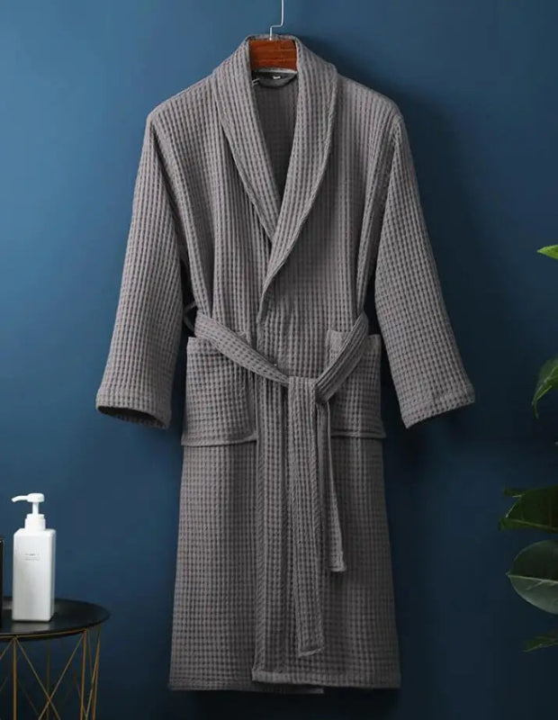 Peignoir de bain carre blanc-coton-tricoté-polyester-manche-longue-épais-mi-mollet-col-châle-doux-confortable-moelleux-hiver-printemps-automne-gris