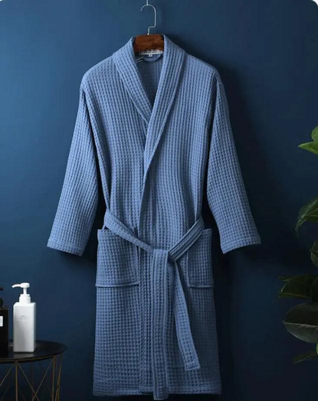 Peignoir de bain carre blanc-coton-tricote-polyester-manche-longue-epais-mi-mollet-col-chale-doux-confortable-moelleux-printemps-hiver-automne-bleu