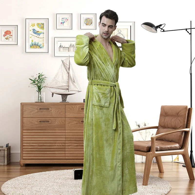 Peignoir de bain chaud absorbant-flanelle-polyester-capuche-manche-longue-épais-longueur-cheville-doux-moelleux-confortable-motif-uni-polaire-hiver-printemps-automne-vert-olive
