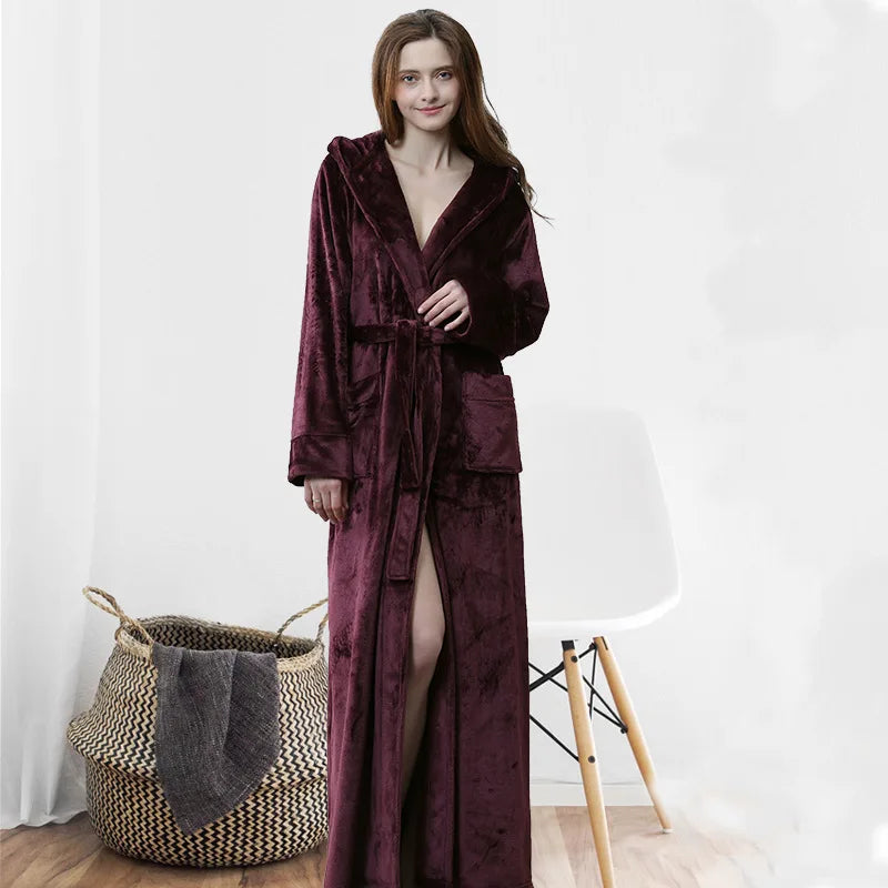 Peignoir de bain chaud absorbant-flanelle-polyester-capuche-manche-longue-épais-longueur-cheville-doux-moelleux-confortable-motif-uni-polaire-hiver-printemps-automne-violet-fonce