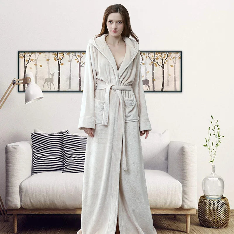 Peignoir de bain chaud absorbant-flanelle-polyester-capuche-manche-longue-épais-longueur-cheville-doux-moelleux-confortable-motif-uni-polaire-printemps-hiver-automne-blanc