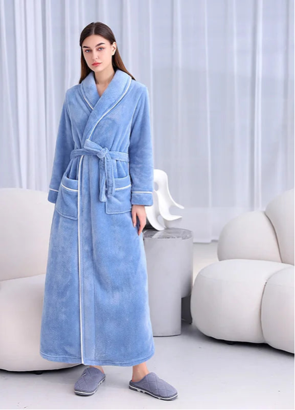 Peignoir_de_bain_coton_bio_femme-flanelle-coton-polyester-absorbant-doux-confortable-épais-motif-uni-hiver-automne-moelleux-printemps-bleu-marine