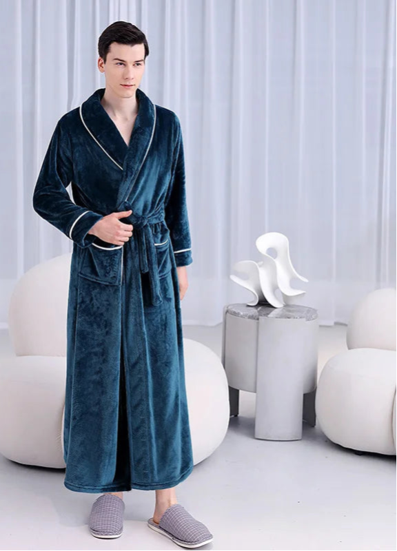 Peignoir_de_bain_coton_bio_femme-flanelle-coton-polyester-absorbant-doux-confortable-épais-motif-uni-hiver-moelleux-automne-printemps-bleu-marine