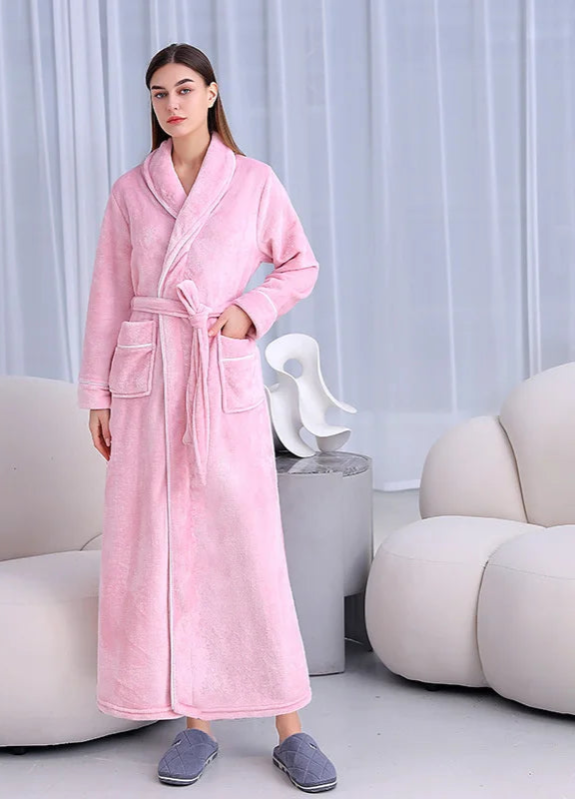 Peignoir_de_bain_coton_bio_femme-flanelle-coton-polyester-absorbant-doux-confortable-épais-motif-uni-hiver-moelleux-automne-printemps-rose