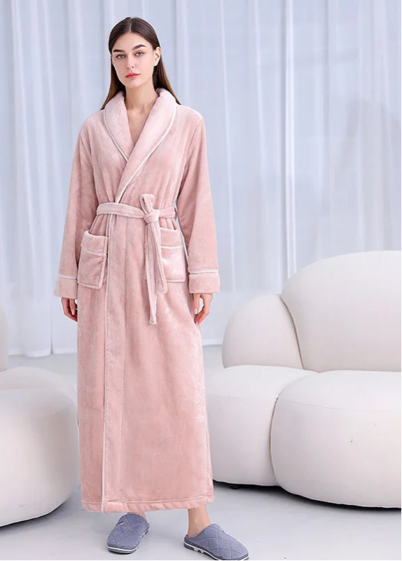 Peignoir_de_bain_coton_bio_femme-flanelle-coton-polyester-absorbant-doux-confortable-épais-motif-uni-hiver-moelleux-printemps-automne-rose