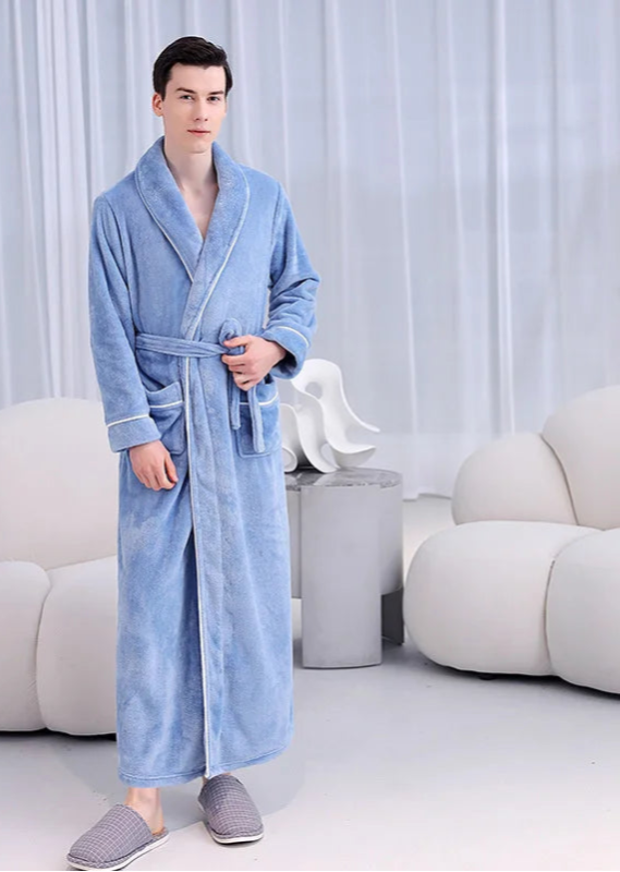 Peignoir_de_bain_coton_bio_femme-flanelle-coton-polyester-absorbant-doux-confortable-épais-motif-uni-moelleux-hiver-printemps-automne-bleu