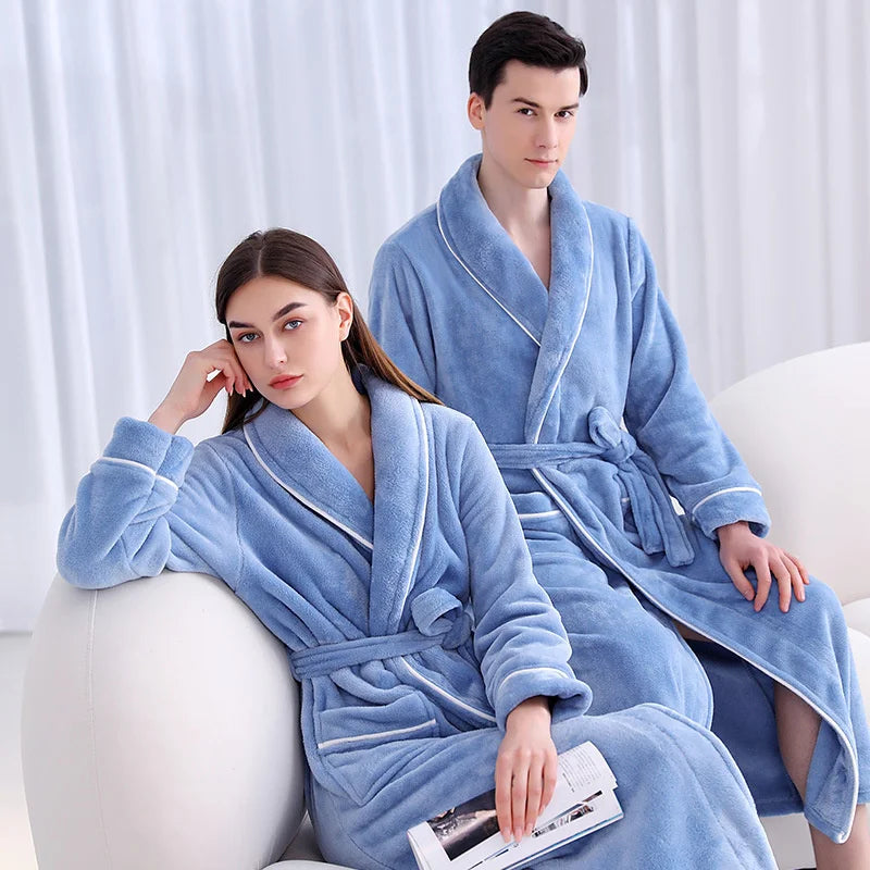 Peignoir de bain coton bio femme-flanelle-coton-polyester-absorbant-doux-confortable-moelleux-printemps-automne-hiver-bleu-ciel