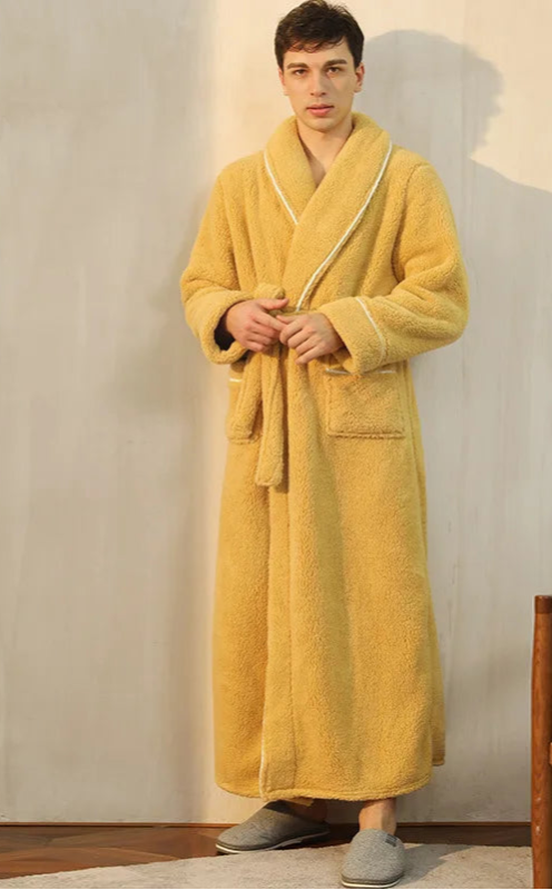 Peignoir_de_bain_coton_égyptien_homme-polyester-coton-col-châle-manche-longue-épais-longueur-cheville-confortable-doux-moelleux-hiver-absorbant-hiver-printemps-automne-jaune