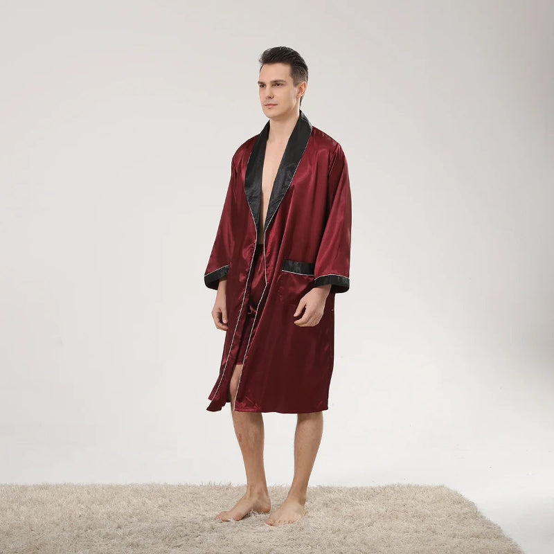 Peignoir de bain court homme original-satin-de-soie-polyester-col-V-manche-longue-mi-mollet-avec-culotte-absorbant-doux-confortable-moelleux-printemps-automne-été-noir-bordeaux
