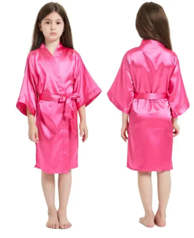 Peignoir de bain de qualité fille-polyester-popeline-manche-longue-léger-mi-genou-absorbant-doux-confortable-col-V-motif-été-uni-rose-bonbon