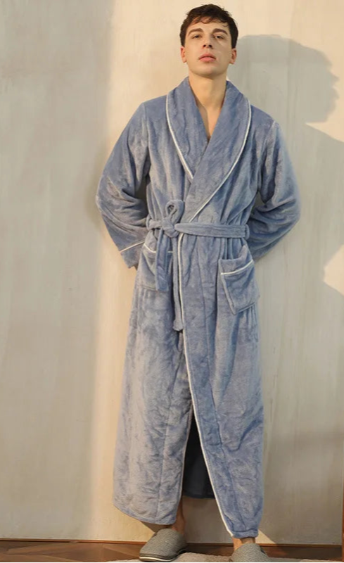 Peignoir de bain double-doublure-polyester-manche-longue-col-châle-longueur-cheville-épais-moelleux-absorbant-confortable-hiver-printemps-automne-gris