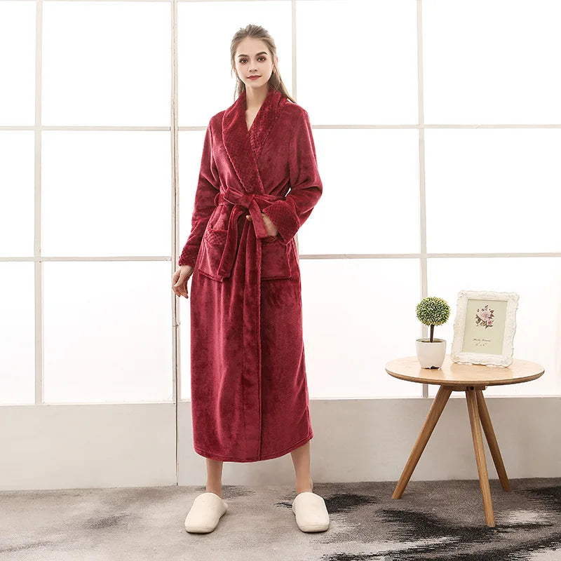 Peignoir de bain double-doublure-polyester-manche-longue-col-châle-mi-mollet-épais-moelleux-absorbant-confortable-printemps-hiver-automne-bordeaux