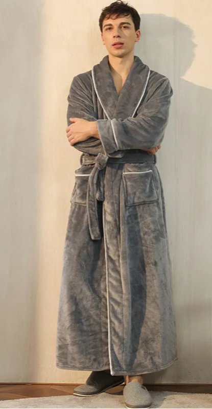 Peignoir de bain double-doublure-polyester-manche-longue-col-châle-mi-mollet-épais-moelleux-absorbant-confortable-printemps-hiver-automne-gris