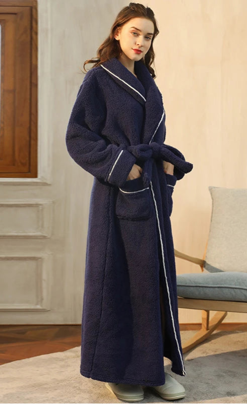 Peignoir de bain en éponge-polyester-fleece-manche-longue-épais-longueur-cheville-col-châle-moelleux-confortable-absorbant-printemps-hiver-automne-bleu-marine