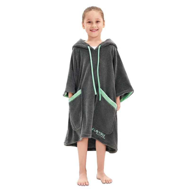 Peignoir de bain en eponge enfant fille-eponge-polyester-nylon-coton-capuche-manche-longue-mi-genou-absorbant-moelleux-epais-confortable-hiver-printemps-automne-vert