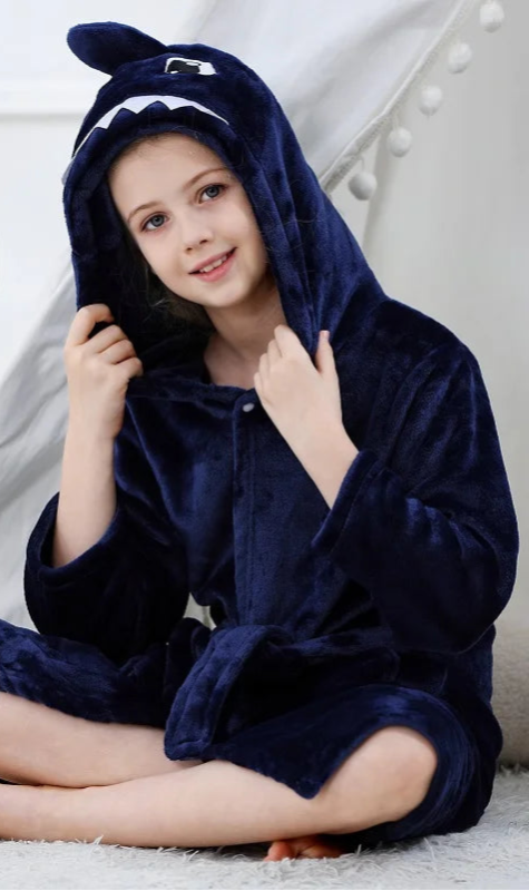 Peignoir de bain enfants 12 ans-polyester-motif-dessin-anime-capuche-forme-animale-doux-moelleux-confortable-printemps-automne-hiver-manche-longue-mi-genoux-bleu-marine