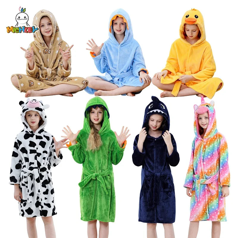 Peignoir de bain enfants 12 ans-polyester-motif-dessin-anime-capuche-forme-animale-doux-moelleux-confortable-printemps-automne-hiver-manche-longue-mi-genoux