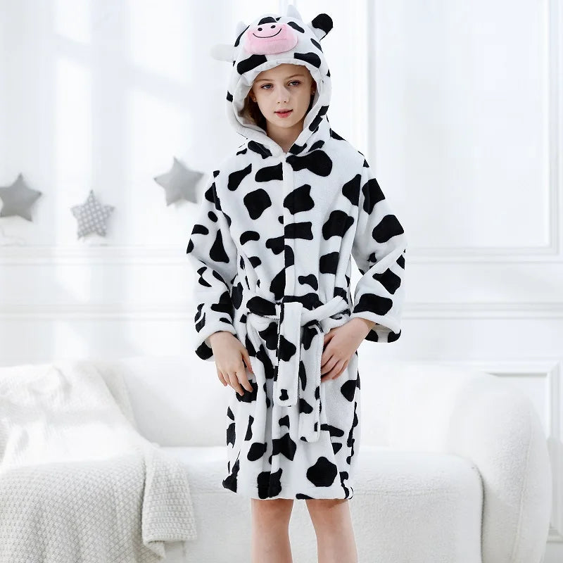 Peignoir de bain enfants 12 ans-polyester-motif-dessin-anime-capuche-forme-animale-doux-moelleux-confortable-printemps-hiver-automne-manche-longue-mi-genoux-blanc-noir