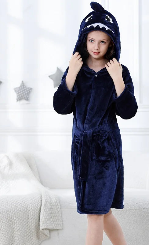 Peignoir de bain enfants 12 ans-polyester-motif-dessin-anime-capuche-forme-animale-doux-moelleux-confortable-printemps-hiver-automne-manche-longue-mi-genoux-bleu-marine