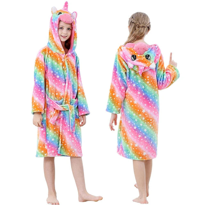Peignoir de bain enfants 12 ans-polyester-motif-dessin-anime-capuche-forme-animale-doux-moelleux-confortable-printemps-hiver-capuche-automne-manche-longue-mi-genoux-arc-en-ciel