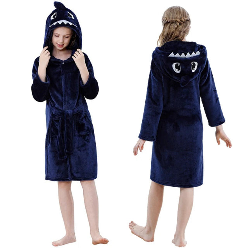 Peignoir de bain enfants 12 ans-polyester-motif-dessin-anime-capuche-forme-animale-doux-moelleux-confortable-printemps-hiver-capuche-automne-manche-longue-mi-genoux-bleu-marine