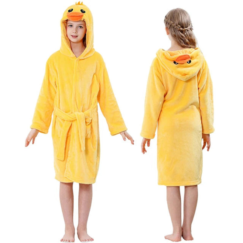 Peignoir de bain enfants 12 ans-polyester-motif-dessin-anime-capuche-forme-animale-doux-moelleux-confortable-printemps-hiver-capuche-automne-manche-longue-mi-genoux-jaune-rose