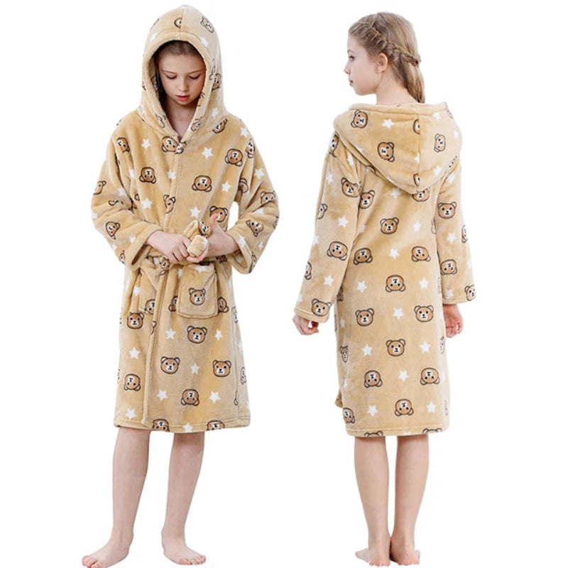 Peignoir de bain enfants 12 ans-polyester-motif-dessin-anime-capuche-forme-animale-doux-moelleux-confortable-printemps-hiver-capuche-automne-manche-longue-mi-genoux-marron-cafe