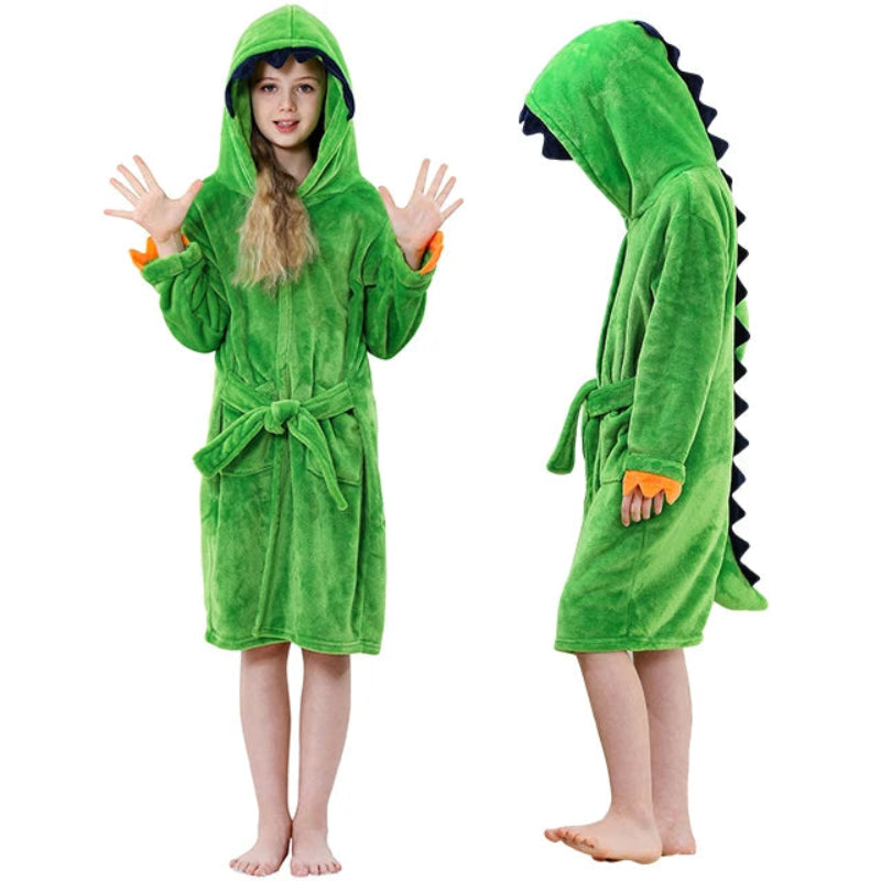 Peignoir de bain enfants 12 ans-polyester-motif-dessin-anime-capuche-forme-animale-doux-moelleux-confortable-printemps-hiver-capuche-automne-manche-longue-mi-genoux-vert
