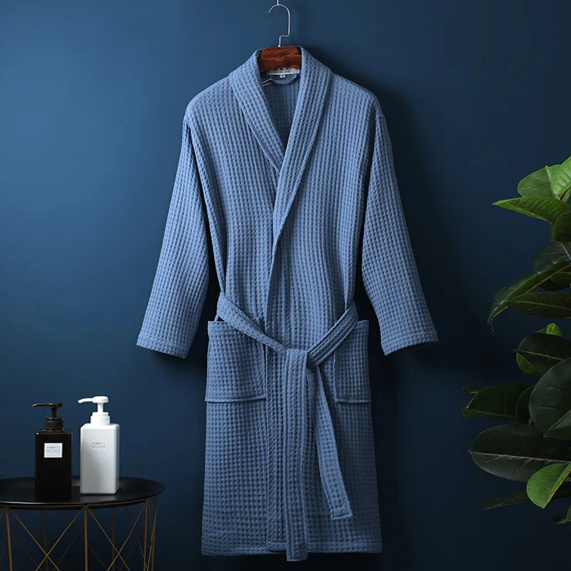 Peignoir de bain eponge-coton-manche-longue-epais-mi-mollet-moelleux-confortable-col-chale-doux-coupe-chinoise-printemps-automne-hiver-bleu