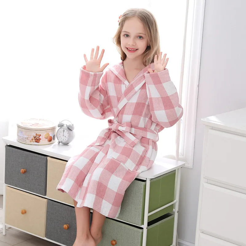 Peignoir de bain éponge ados-coton-motif-plaid-capuche-moelleux-confortable-doux-motif-gros-carreaux-printemps-été-automne-rose-blanc